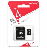 Карта памяти Smartbuy microSDHC, 4GB , SB4GBSDCL4-00 (с адаптером), Class 4