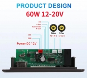 Встраиваемый микро медиацентр MP3, WAV, microSD card, USB, FM, Bluetooth 5.3, микрофон, часы, пульт ДУ, 12-20B, встроенный усилитель 2*30W