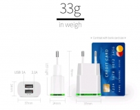 Адаптер питания AC 100-240В - DC 5В 1.0 + 2.1 А два порта USB с зеленой подсветкой (для зарядки планшетов и смартфонов)