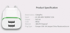 Адаптер питания AC 100-240В - DC 5В 1.0 + 2.1 А два порта USB с зеленой подсветкой (для зарядки планшетов и смартфонов)
