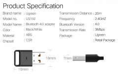 USB Bluetooth адаптер Ugreen US192 V4.0 Dongle Adapter с поддержкой aptX и EDR для качественной передачи звука без задержки