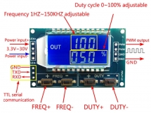 Генератор сигналов PWM регулируемый, с LCD дисплеем, 1Гц-150КГц, питание 3,3В-30В