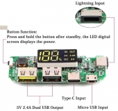 Модуль для Power Bank зарядное устройство с двойным USB 5В 2*2.4A с LED-индикацией, вход Micro/Type-C/Lightning USB 3.0-4.2В