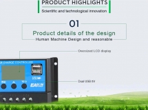 Солнечный контроллер заряда аккумуляторной батареи PWM-30A с ШИМ и USB-выходом (12В / 24В 30А)