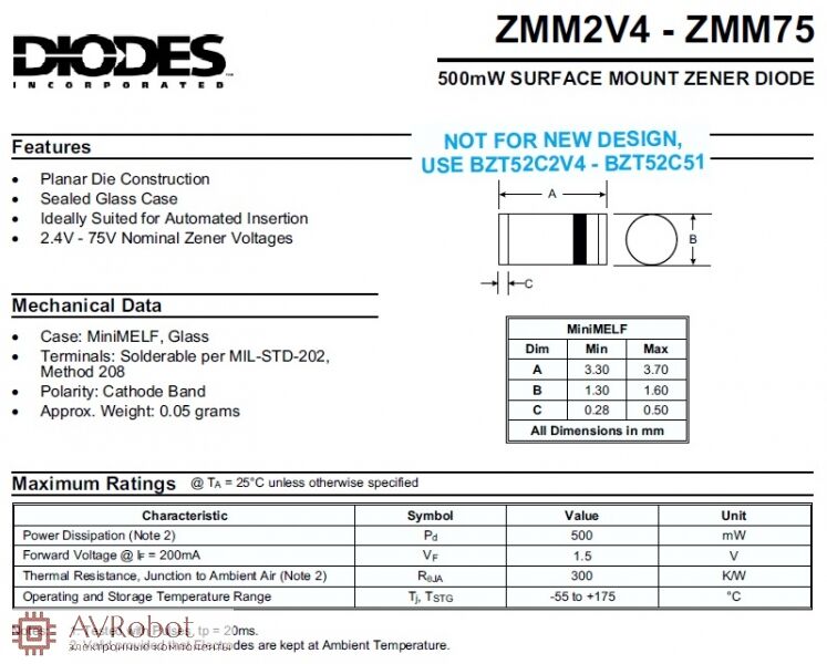 ZMM2V0, Стабилитрон 2.0В, 5%, 0.5Вт, MiniMELF цена купить 7041 -  Стабилитроны SMD 0.5 Вт - AVRobot.RU